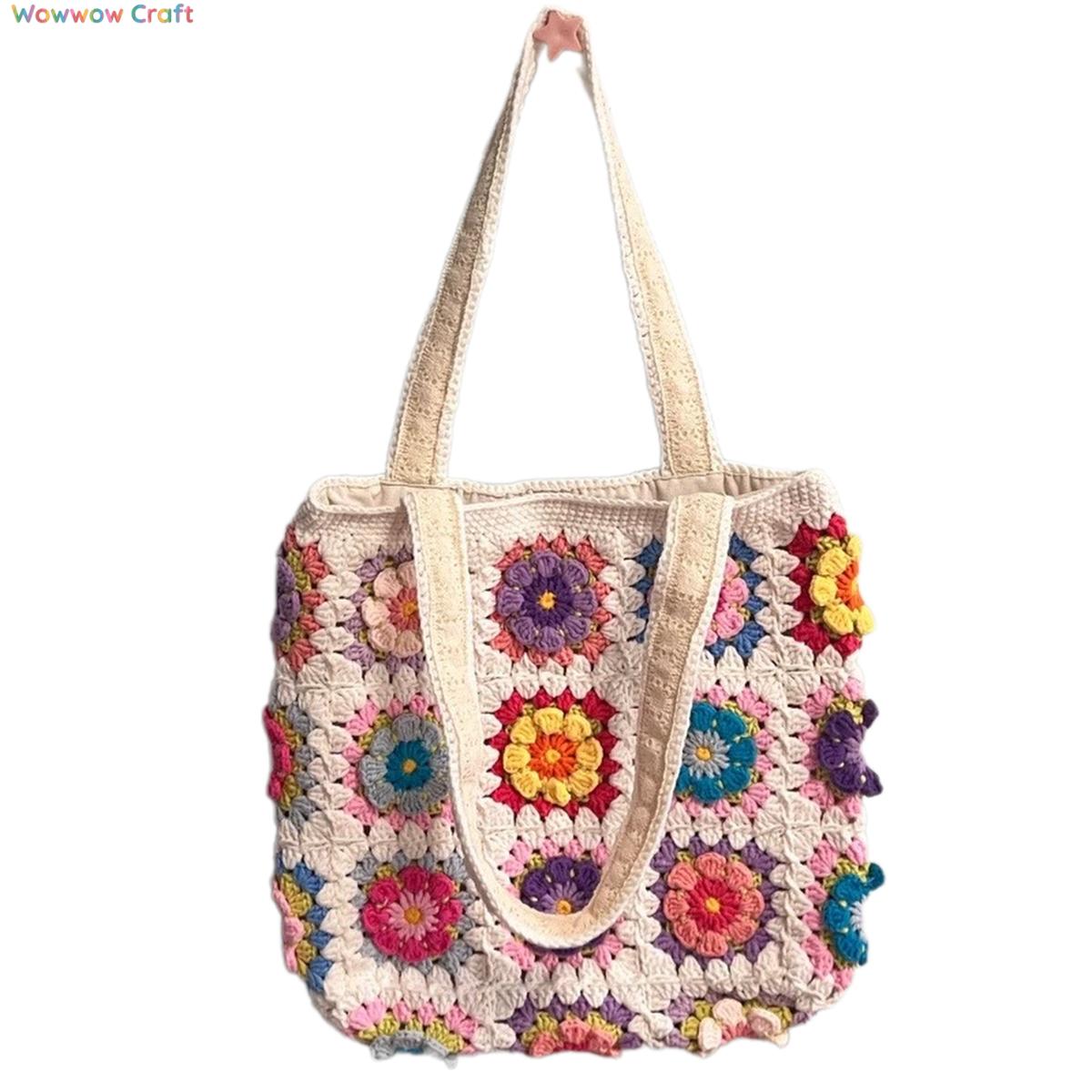 Shoulder Bags,Totes,Handmade Crochet Bags,Flower Splicing Granny Square Tote crocheted with Snow Fairy Yarn - High quality handmade crocheted shoulder bag